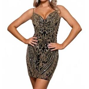 NEW RACHEL ALLAN ladder sides open back dress in black/gold